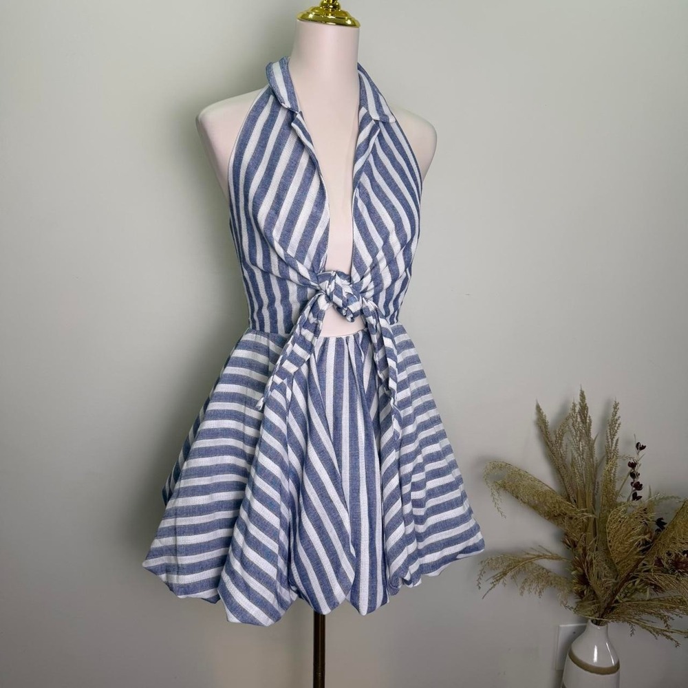 Luxxel S Blue & White Stripe Tie-Front Halter Bubble Mini Dress